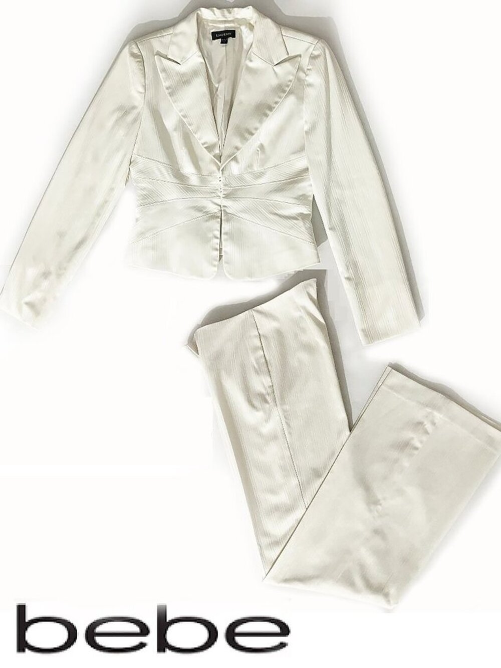 Bebe White Pant Suit w/Subtle Striped Pattern | Size 6 Jacket | Size 4 Pants